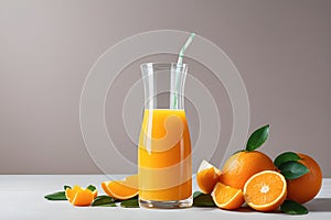 Fresh orange juice in glass cup next to a sliced orange