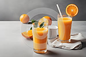 Fresh orange juice in glass cup next to a sliced orange