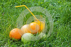 Fresh orange juice in glass staying on green grass near fruits