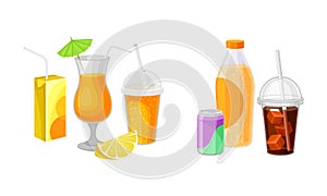 Fresh Orange Juice in Glass with Straw and Sparkling Water with Soda Can Vector Set