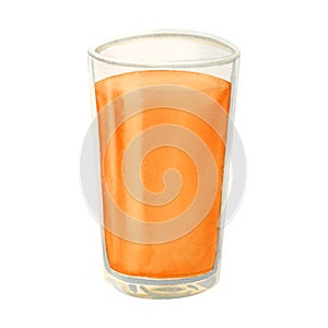 Fresh orange juice glass watercolor illustration. Summer drink made of sea buckthorn berries. Organic natural beverage