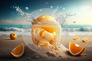 Fresh orange juice with oranges and splashing liquid at the beach by the ocean. Summer cocktail and drinks. Ai generative