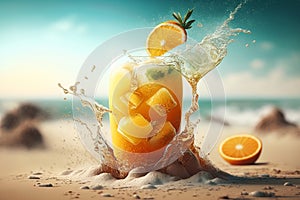 Fresh orange juice with oranges and splashing liquid at the beach by the ocean. Summer cocktail and drinks. Ai generative