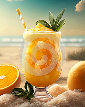 Fresh orange juice with oranges and splashing liquid at the beach by the ocean. Summer cocktail and drinks. Ai generative