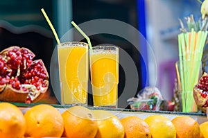 Fresh orange juice for sale in stall in Jemma El Fna square. Marrakech, Morocco