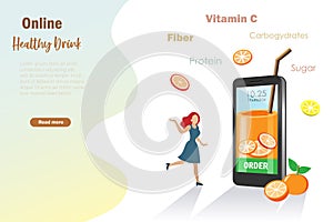 Fresh orange juice in smartphone glass screen with nutrition facts and happy women enjoy drinking. Organic healthy, diet foods and