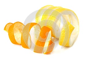 fresh orange and lemon peels isolated on white background