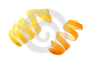 fresh orange and lemon peels isolated on white background top view