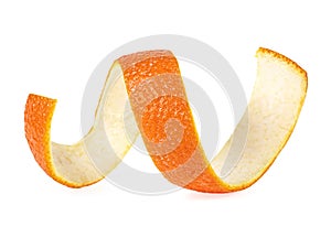 Fresh orange peel on white background. Orange skin in spiral form