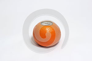 Fresh orange with pop up silver top of a can