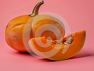 Fresh Orange Pumpkin and a Slice on a Pink Background Autumn Harvest, Healthy Eating, Vegetarian Foods, Thanksgiving Decorations,
