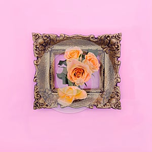 Fresh orange roses coming out of a retro baroque golden frame on a pastel pink background. Romantic floral concept for Valentine`