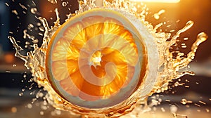 Fresh orange slice in juice splash on blurred horizontal background, close-up. Citrus fruit. Generative AI