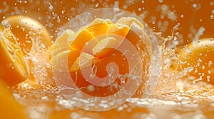 Fresh orange slice splashing into juice, vibrant color, close-up. dynamic motion, healthy lifestyle choice concept image