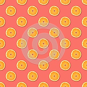 Fresh orange slices seamless pattern. Close up of citrus fruit on pink background. Studio photography