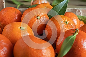 Fresh orange tangerines with leaves in a box, natural background