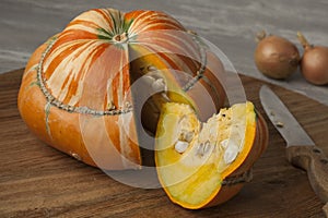 Fresh orange Turban squash and slice