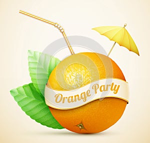 Fresh orange with umbrella and stick