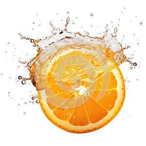 Fresh orange in water splash on white backround. Juicy fruit. Generative AI