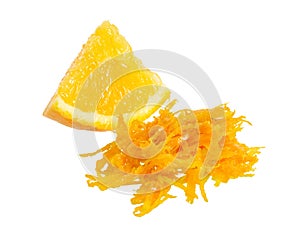 Fresh Orange Zest with piece of fruit. Isolated on white background