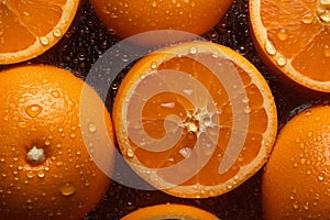 Fresh oranges on a dark background, some whole and some cut in half, covered in water droplets.