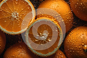 Fresh oranges on a dark background, some whole and some cut in half, covered in water droplets.