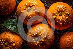 Fresh oranges on a dark background, some whole and some cut in half, covered in water droplets.