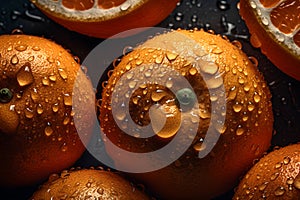 Fresh oranges on a dark background, some whole and some cut in half, covered in water droplets.