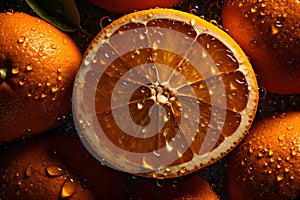 Fresh oranges on a dark background, some whole and some cut in half, covered in water droplets.