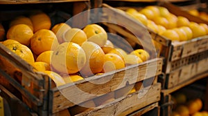 Fresh oranges displayed in rustic wooden crates