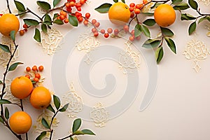 Fresh oranges or grapefruits with green leaves and flowers on white background. Citrus fruit