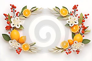 Fresh oranges or grapefruits with green leaves and flowers on white background. Citrus fruit