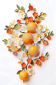 Fresh oranges or grapefruits with green leaves and flowers on white background. Citrus fruit