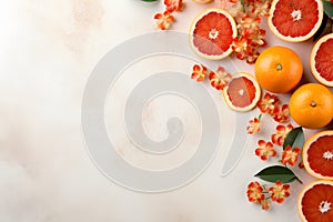 Fresh oranges or grapefruits with green leaves and flowers on white background. Citrus fruit