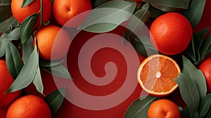 Fresh Oranges with Leaves on Red Background