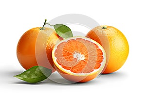 Fresh oranges with one cut in half and green leaves isolated on white background.