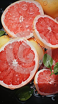 Fresh Oranges with Slices of With Citrus Fruit Water Drops Background Selective Focus