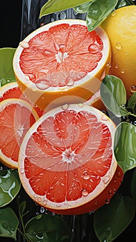 Fresh Oranges with Slices of With Citrus Fruit Water Drops Background Selective Focus