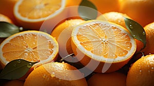 Fresh Oranges with Slices of With Citrus Fruit Water Drops Background Selective Focus