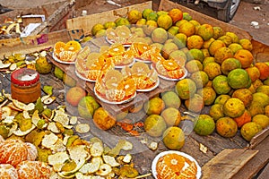 Fresh oranges on the street store in Old Delhi