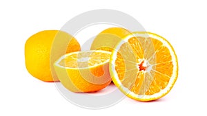 Fresh oranges on a white background, a bright juicy logo of an orange in a cut