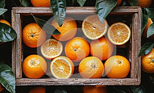 Fresh oranges in wooden box