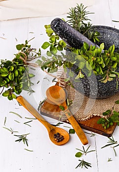 Fresh oregano and rosemary in mortar over white wooden background