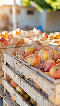 Fresh organic apples in wooden crates at warehouse with copy space, blurred background