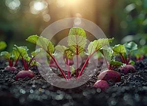Fresh organic beetroot growing in the soil