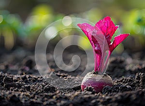 Fresh organic beetroot growing in the soil