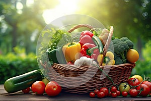 Fresh organic bio vegetables in a wicker basket on a blurred green background. Harvesting. Harvest and healthy food concept.