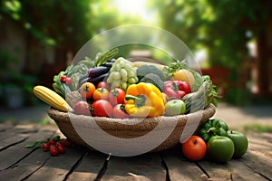 Fresh organic bio vegetables in a wicker basket on a blurred green background. Harvesting. Harvest and healthy food concept.