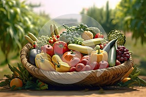 Fresh organic bio vegetables in a wicker basket on a blurred green background. Harvesting. Harvest and healthy food concept.