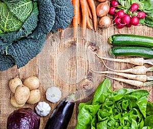 Fresh organic bio vegetables on wooden background